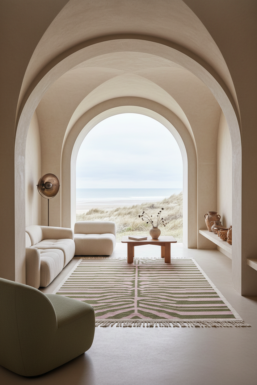 A modern living room with cream-colored furniture, a striped rug, and a large arched window looking out to a beach and ocean view.