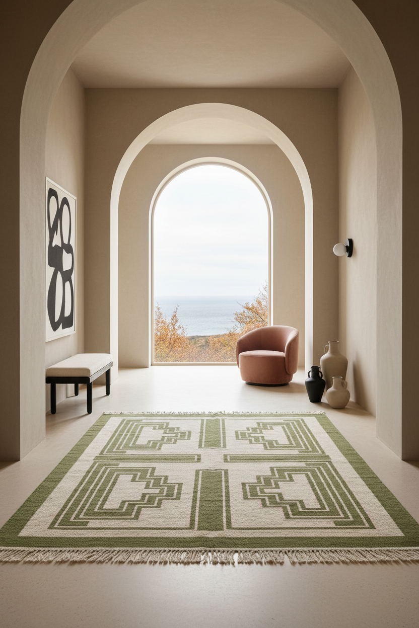 A large rectangular area rug with a green and cream geometric pattern and fringe, displayed in a modern, elegant hallway with arched doorways, a pink armchair, and a view of the sea in the distance.