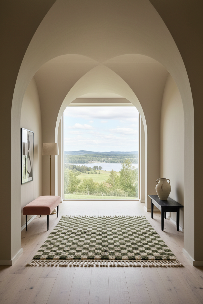 Cream and Dark Olive Checkerboard Moroccan Shag Rug
