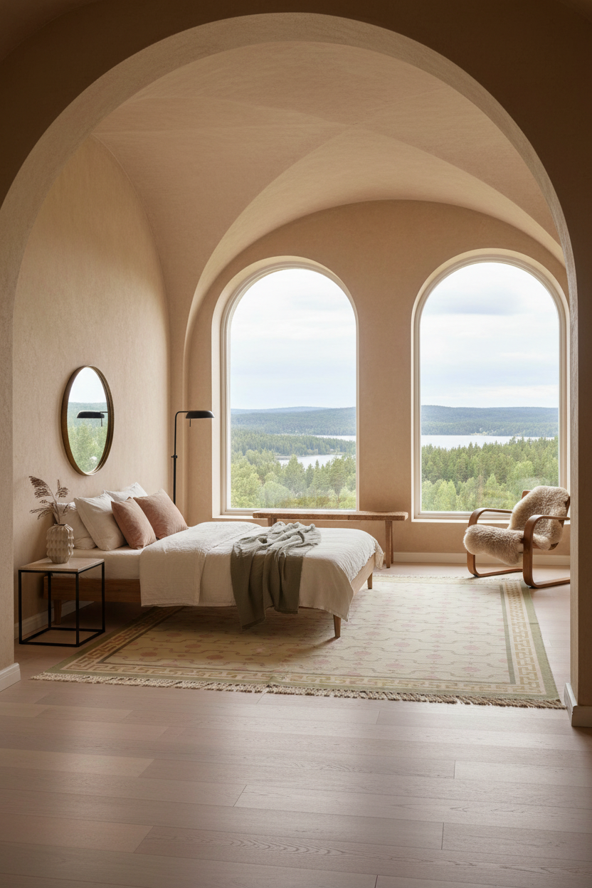 A beautifully styled bedroom with a large bed, matching armchair, and a view of a scenic lake and forest through two tall arched windows. The room features warm beige walls, a light wood floor, and a neutral-toned rug.