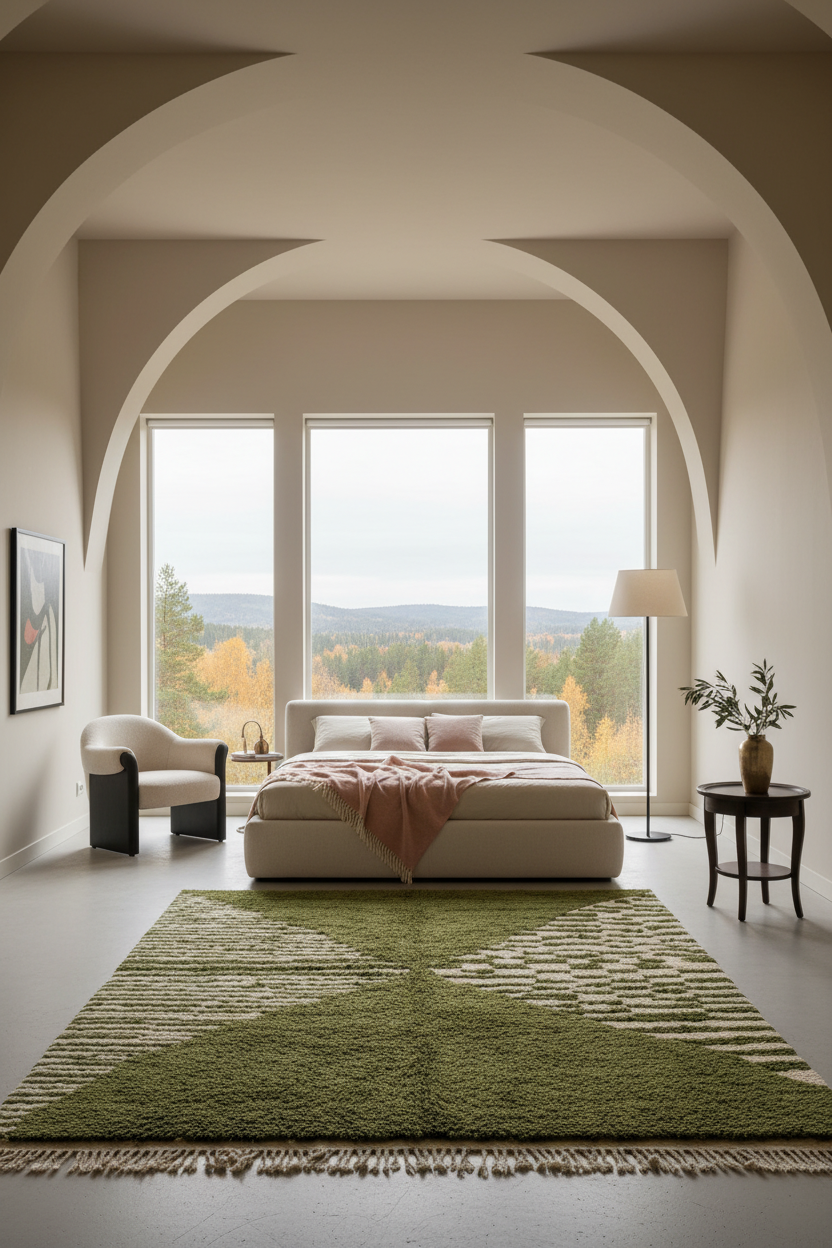 A modern bedroom interior with a large green patterned area rug in front of a low platform bed, with tall windows showing an outdoor autumn landscape. The room has beige walls with arched architectural details, a floor lamp, a chair, and a side table with a vase of branches.