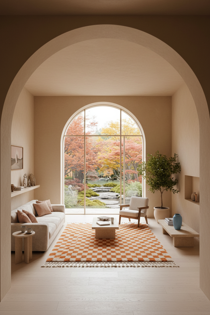 Rust and Cream Checkerboard Moroccan Shag Rug