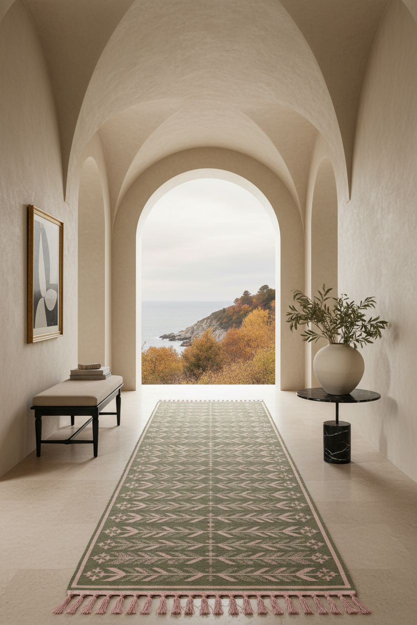 A long rectangular area rug with a geometric pattern and fringe, displayed in a beautifully styled arched hallway with a view of a coastal landscape.