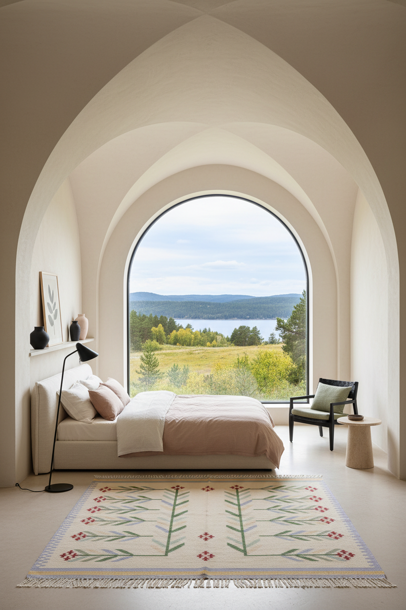 A beautifully styled bedroom with a low bed, patterned rug, and a large arched window looking out onto a scenic lake and forest landscape.