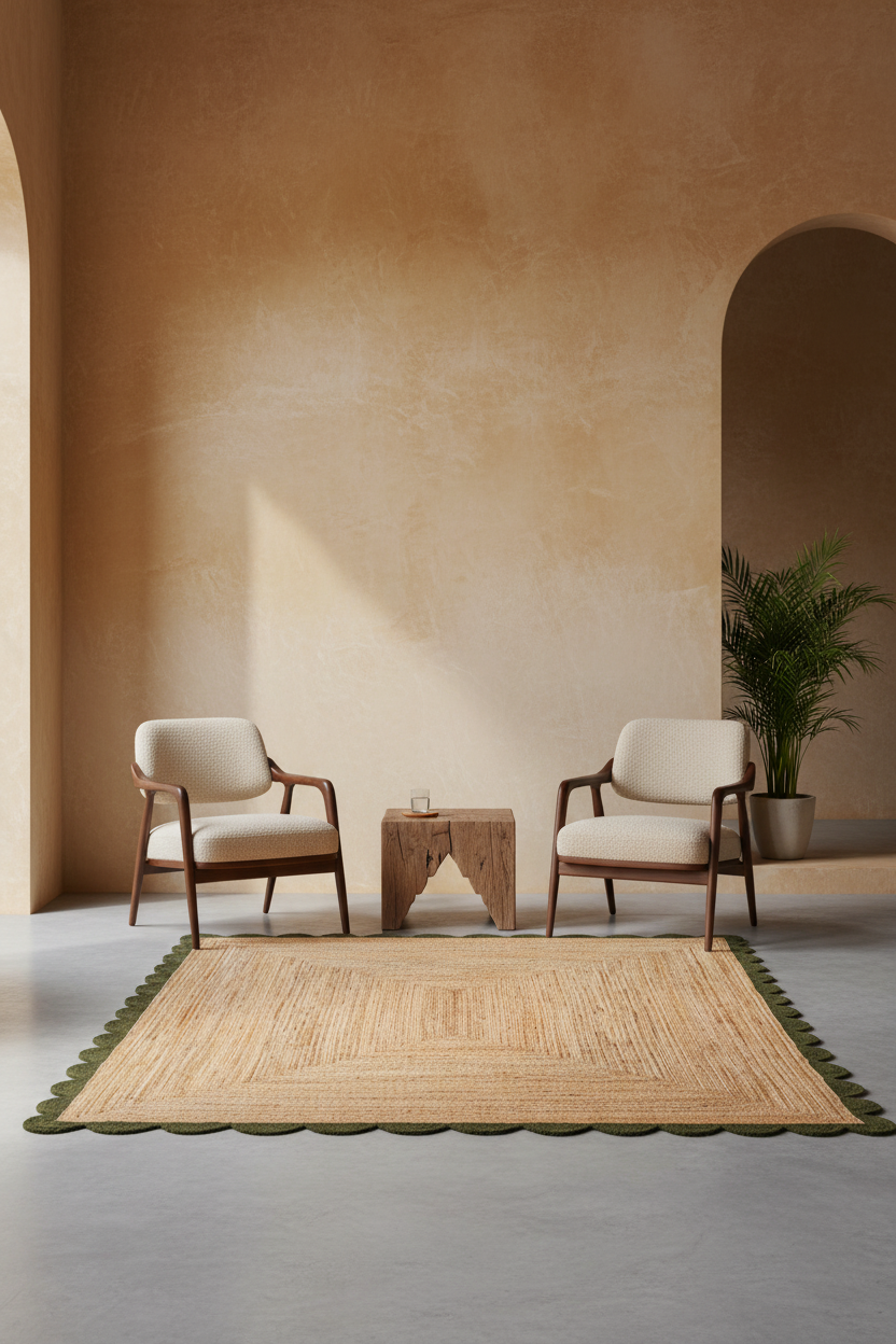 A large natural jute area rug with green scalloped fringe, styled in a minimalist modern room with two cream armchairs, a small wooden side table, and a potted plant against a textured beige plaster wall.