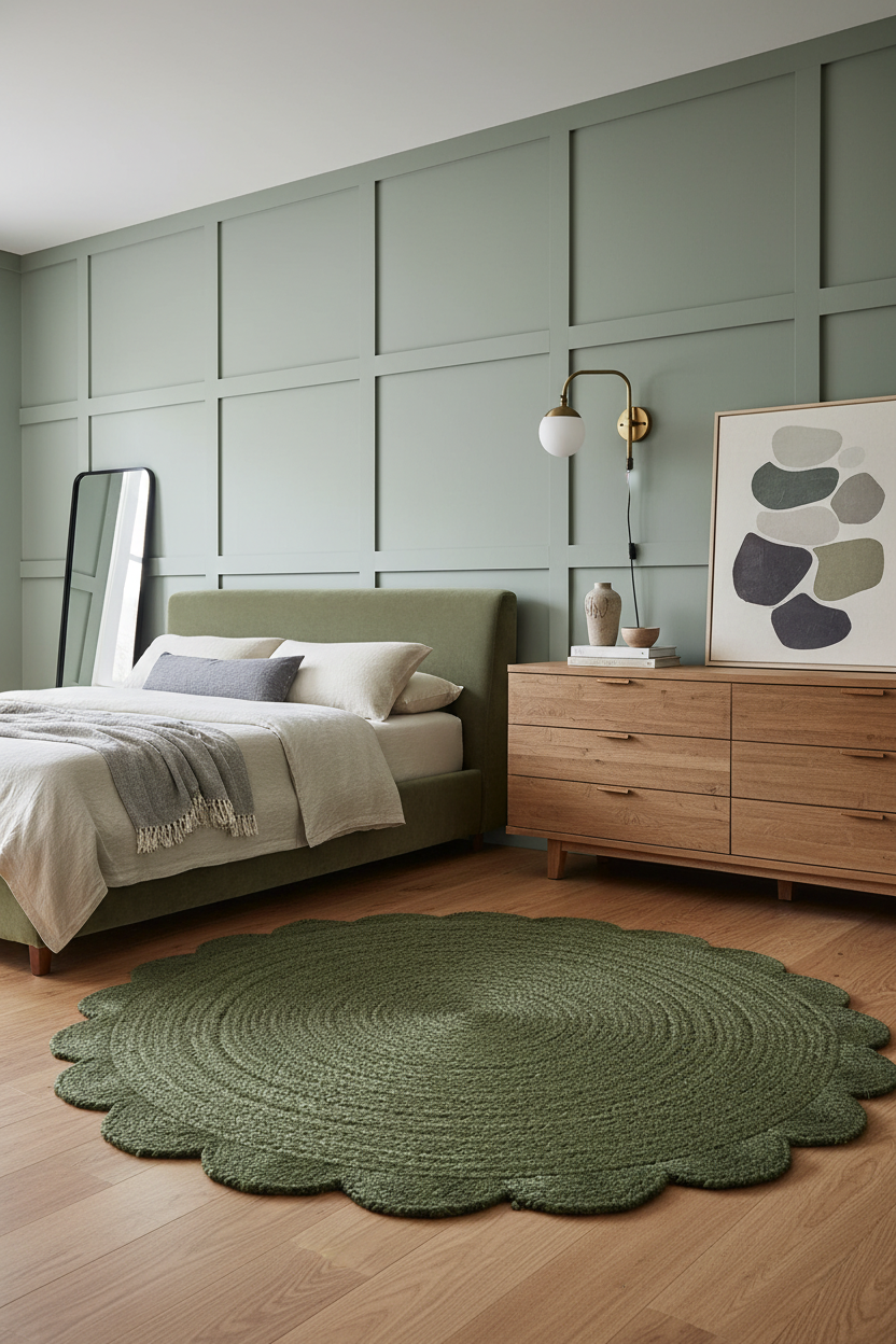 A styled bedroom interior featuring a round scalloped green braided rug on a light wood floor, a green upholstered bed, a wooden dresser, and a muted sage paneled wall.