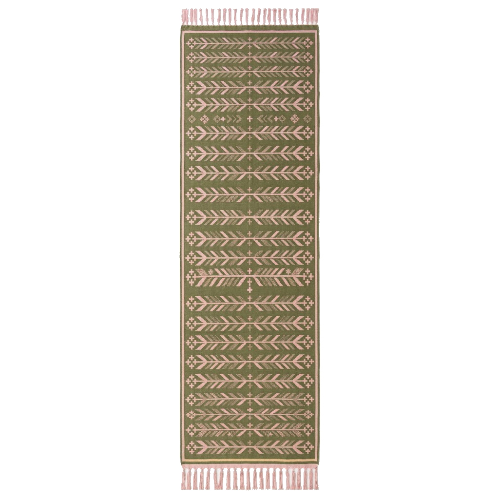 Olive Green Cotton Flat Weave Runner with Cream Geometric Motifs