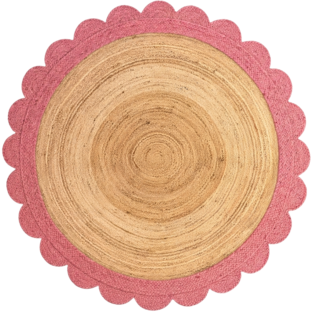 Natural Round Braided Jute Rug with Pink Scalloped Border