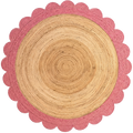 Natural Round Braided Jute Rug with Pink Scalloped Border