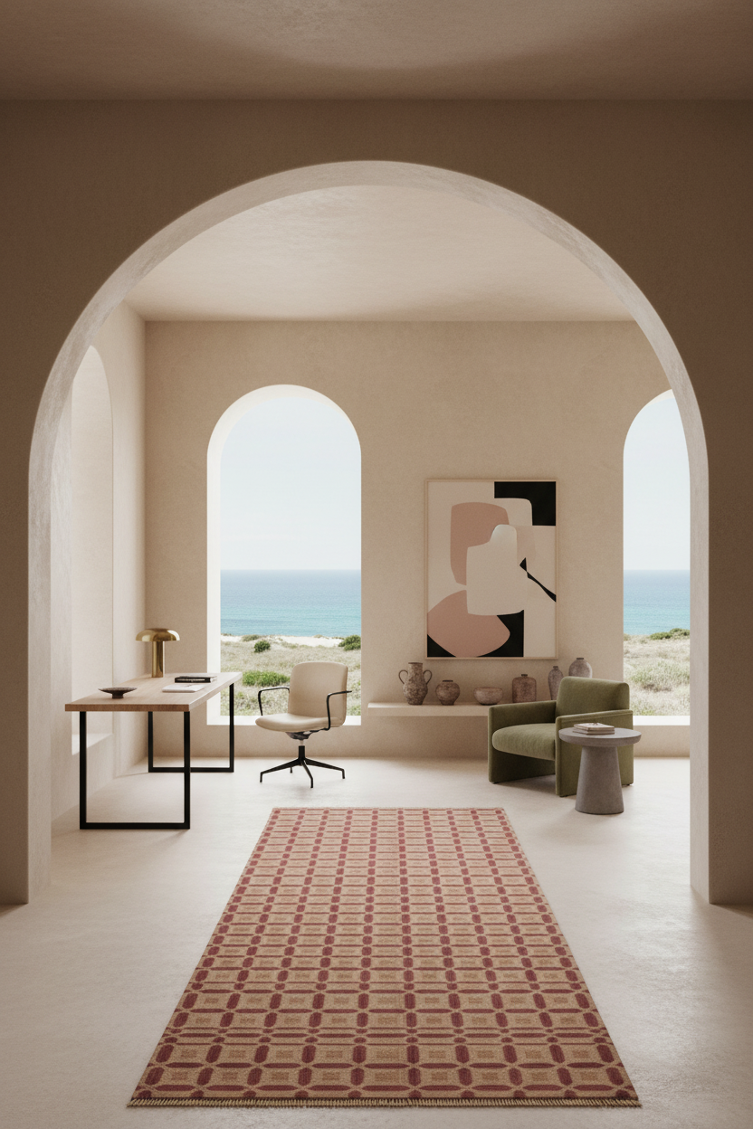 A long rectangular area rug with a repeating geometric medallion pattern in dusty pink and rust red tones, displayed in a modern interior setting with a large arched doorway, ocean view, and contemporary furniture.