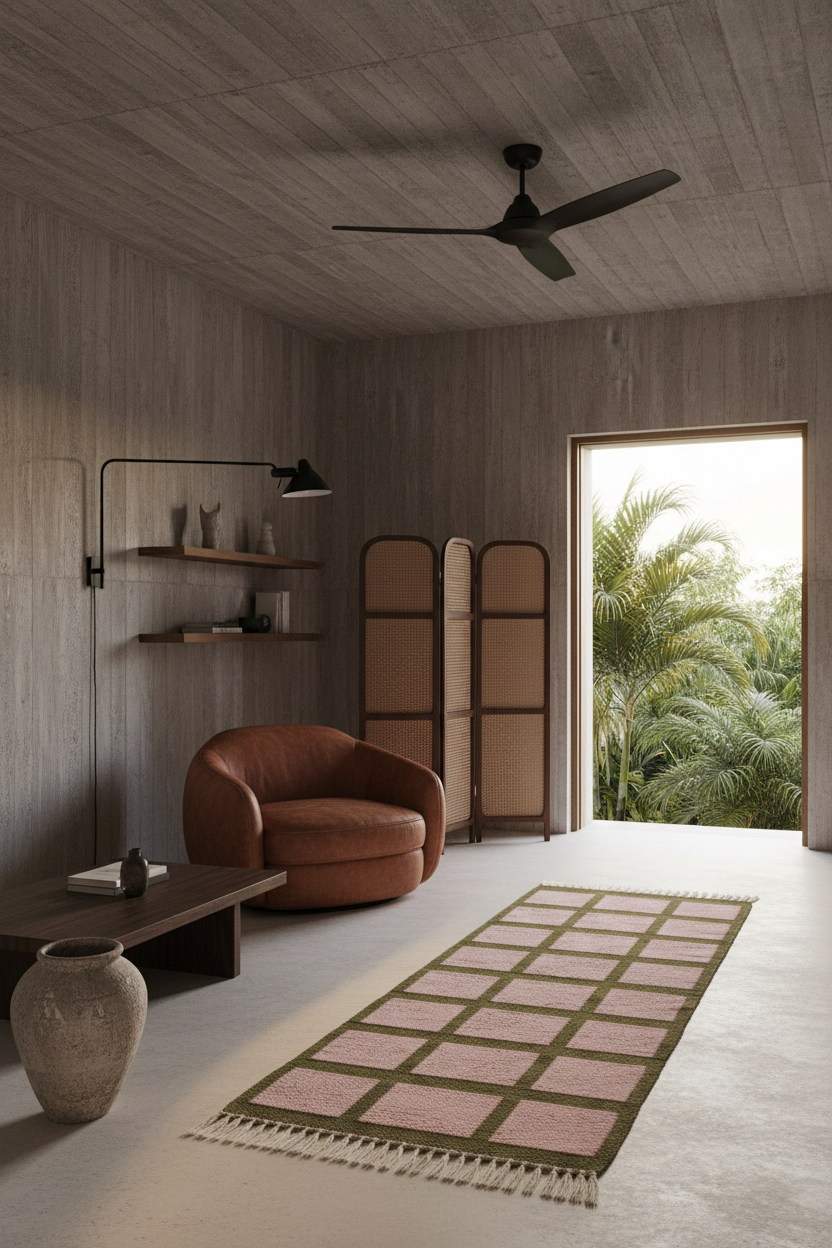 A modern living room interior with a brown leather armchair, a pink and green checkered runner rug, a black wall-mounted lamp, and a large window opening to a tropical garden. The room features textured gray wood-paneled walls and ceiling.