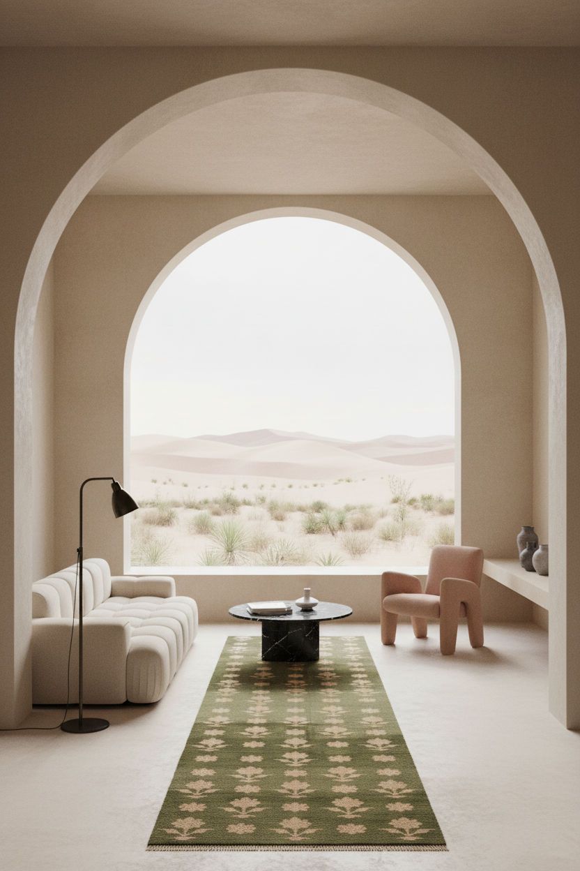 A styled interior scene with a large arched opening looking out onto a desert landscape. The room contains a cream sofa, a pink chair, a black floor lamp, a round black coffee table, and a green patterned runner rug on a light floor.