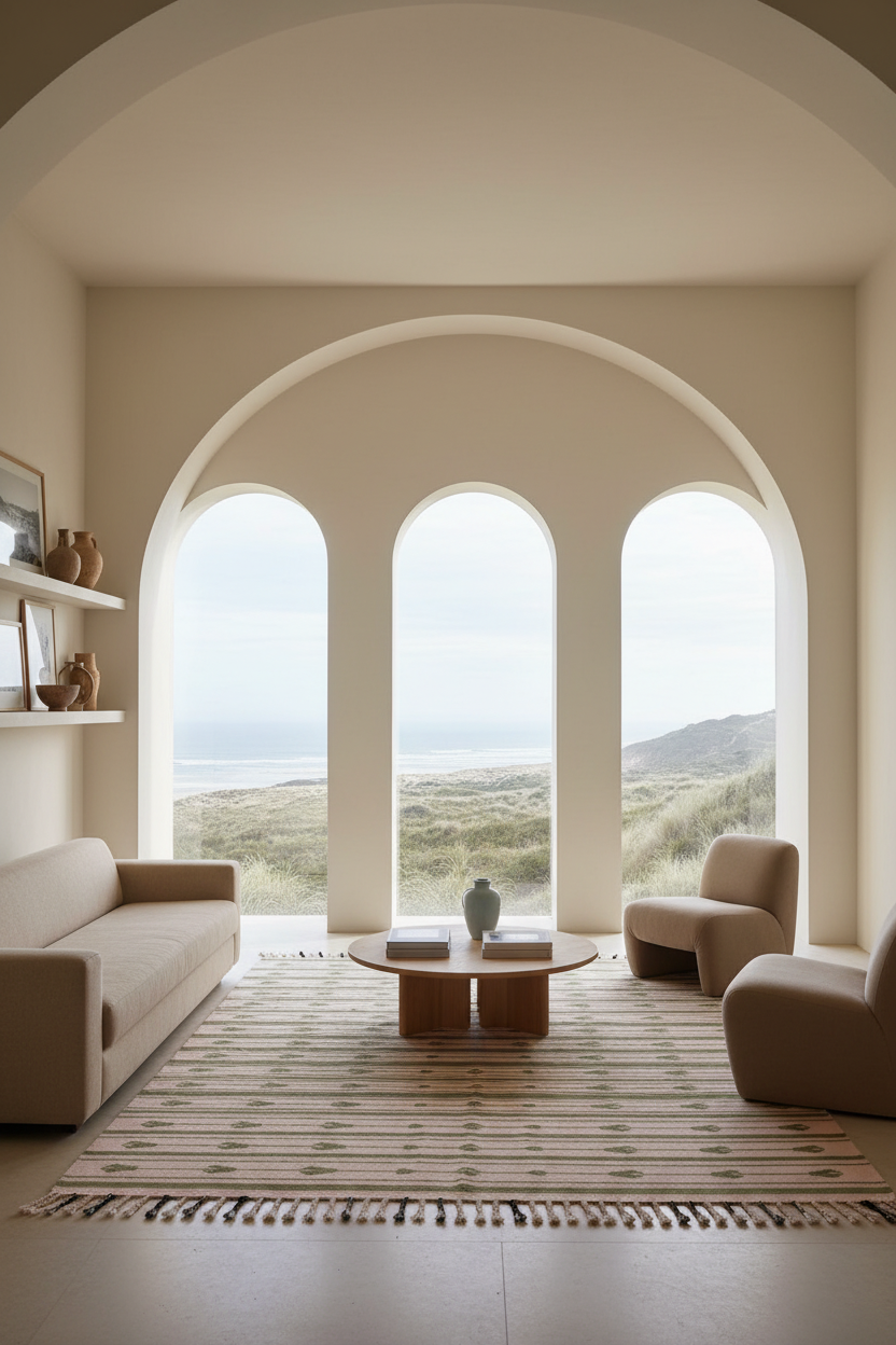 A modern living room with three large arched windows overlooking a grassy coastal landscape. The room features warm beige walls, a cream sofa, a matching armchair, a low round wooden coffee table, and a striped beige rug.