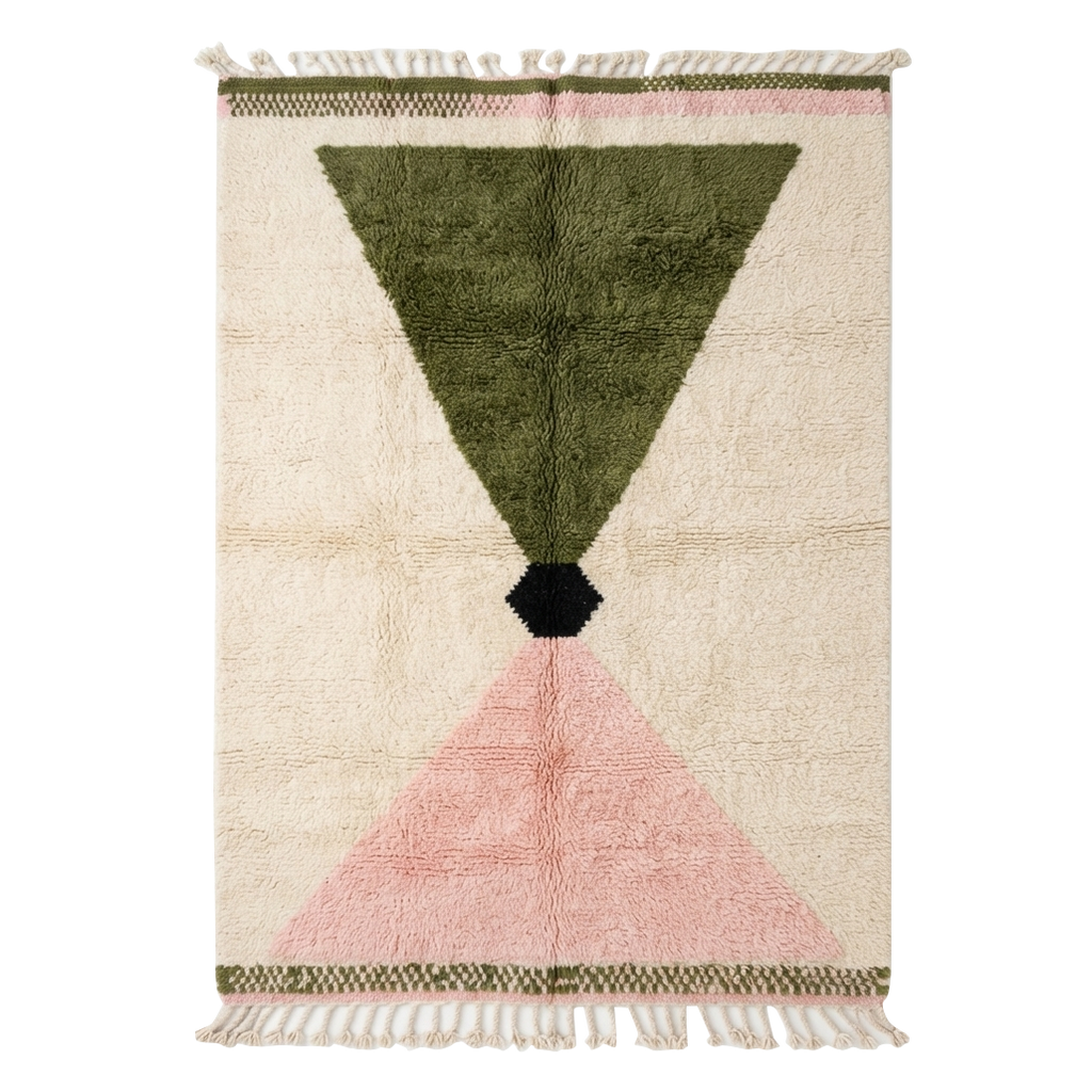 Cream Moroccan Shag Rug with Olive and Blush Pink Triangles