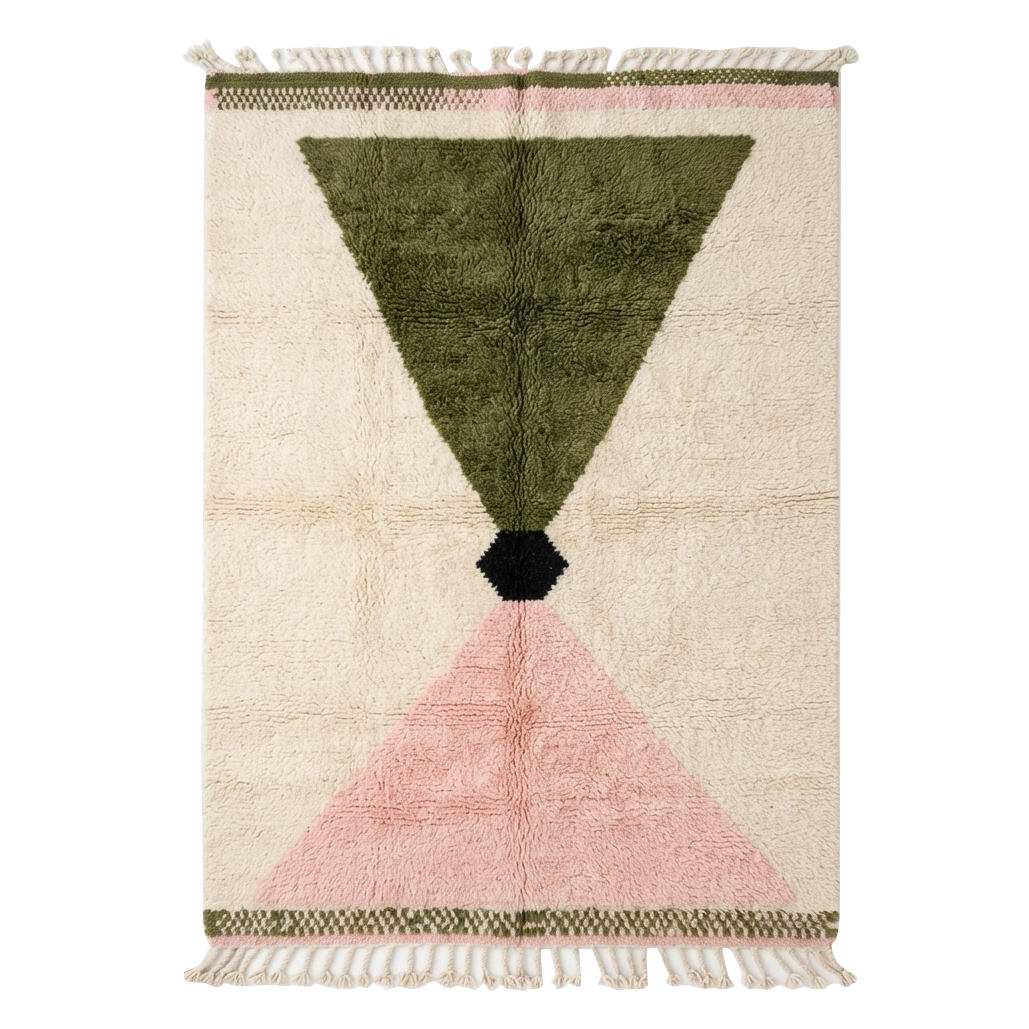 Cream Moroccan Shag Rug with Olive and Blush Pink Triangles