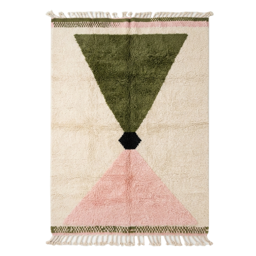 Cream Moroccan Shag Rug with Olive and Blush Pink Triangles