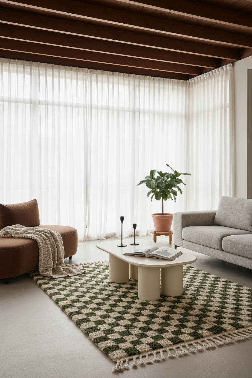Cream and Dark Olive Checkerboard Moroccan Shag Rug