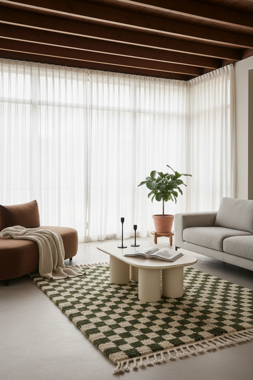 Cream and Dark Olive Checkerboard Moroccan Shag Rug