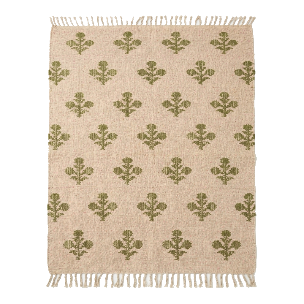 Beige Cotton Flat Weave Rug with Olive Green Floral Block Print