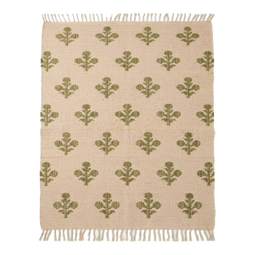 Beige Cotton Flat Weave Rug with Olive Green Floral Block Print