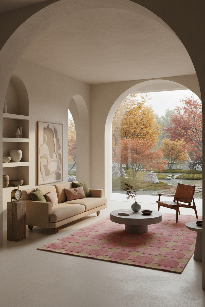 A modern living room with beige walls and large arched windows looking out onto autumn trees. The room features a beige sofa, a round coffee table, a pink patterned rug, and a wooden armchair.
