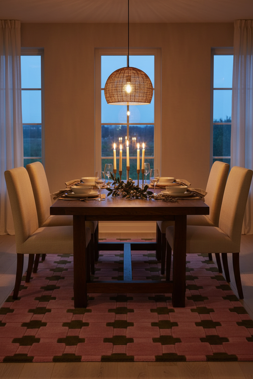 Pink Hand-Tufted Rug with Olive Green Cross Motifs