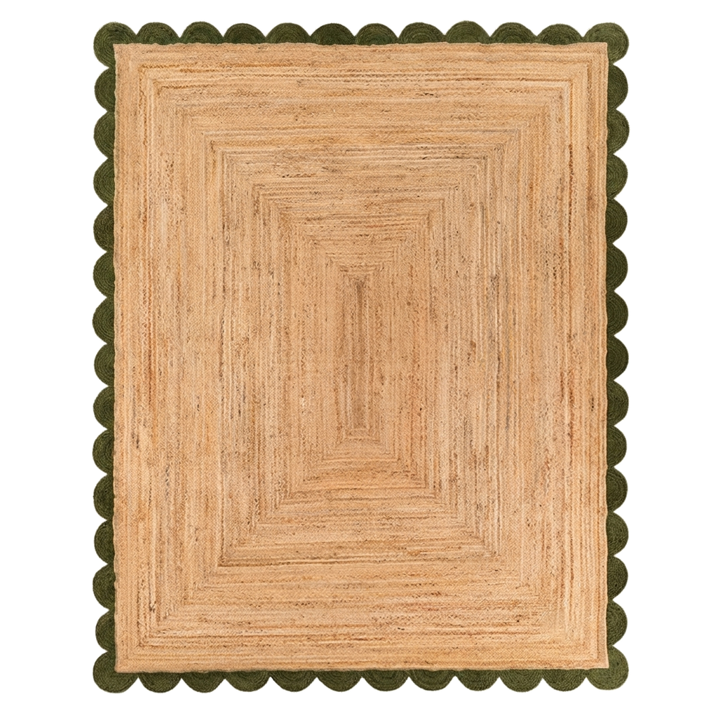 Natural Braided Jute Rug with Olive Green Scalloped Border