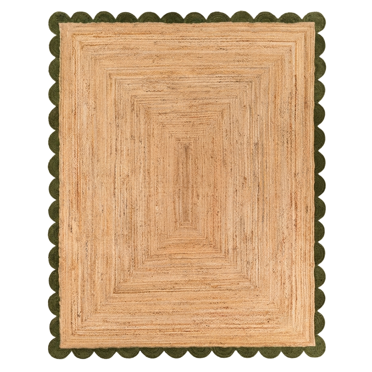 Natural Braided Jute Rug with Olive Green Scalloped Border