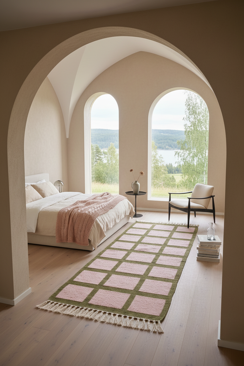 A styled bedroom interior viewed through a large arched doorway, featuring a bed with white bedding and a pink throw, a long pink and olive grid-pattern rug, a chair, and tall arched windows overlooking a green landscape.