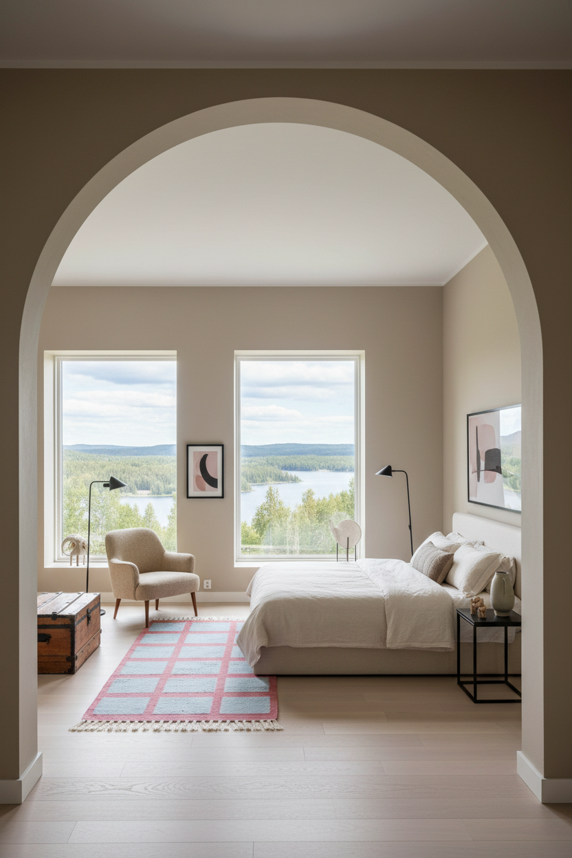 A modern bedroom viewed through a large arched doorway, featuring a neatly made bed with white bedding, a pink and blue patterned rug, a beige armchair, and two tall windows overlooking a lake and forest.