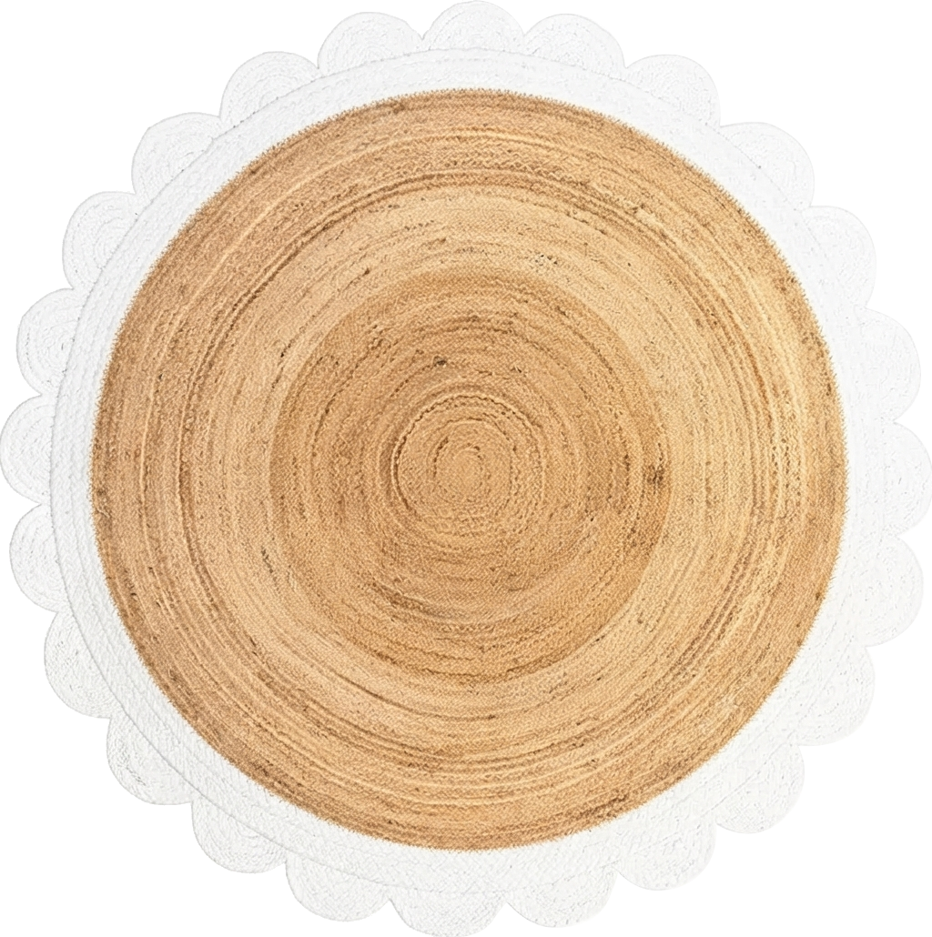 Natural Round Braided Jute Rug with White Scalloped Border