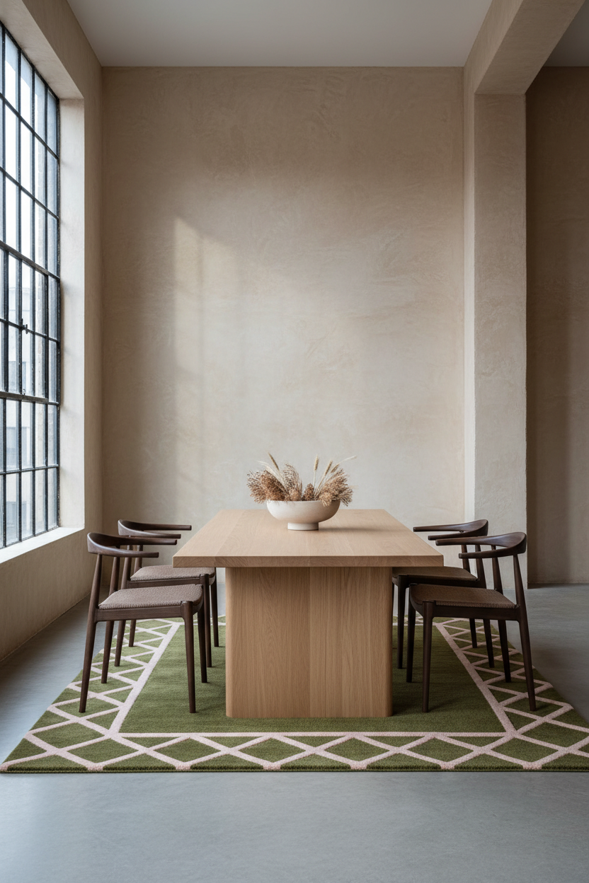 Olive Green Hand-Tufted Rug with Cream Trellis Border