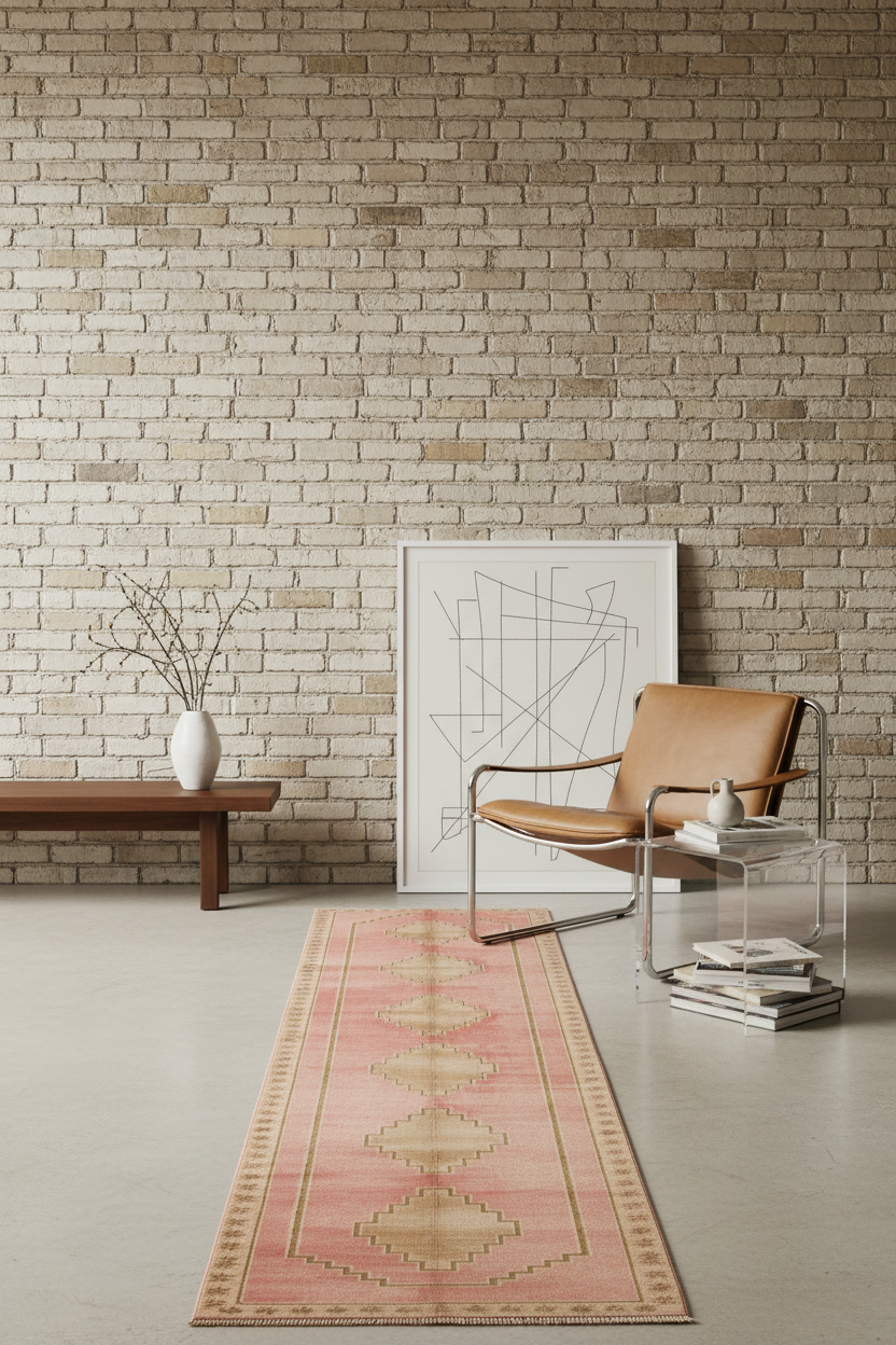 A long runner rug in dusty pink and beige with geometric patterns, styled in a modern living room setting with a brick wall, leather chair, and side table.