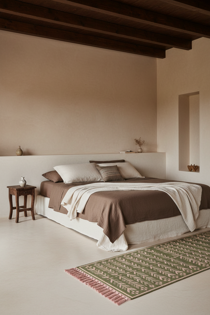 A minimalist bedroom featuring a low bed dressed in brown and cream bedding, set against a warm beige plaster wall with dark wooden ceiling beams. A patterned green and pink rug lies on the floor in the foreground.