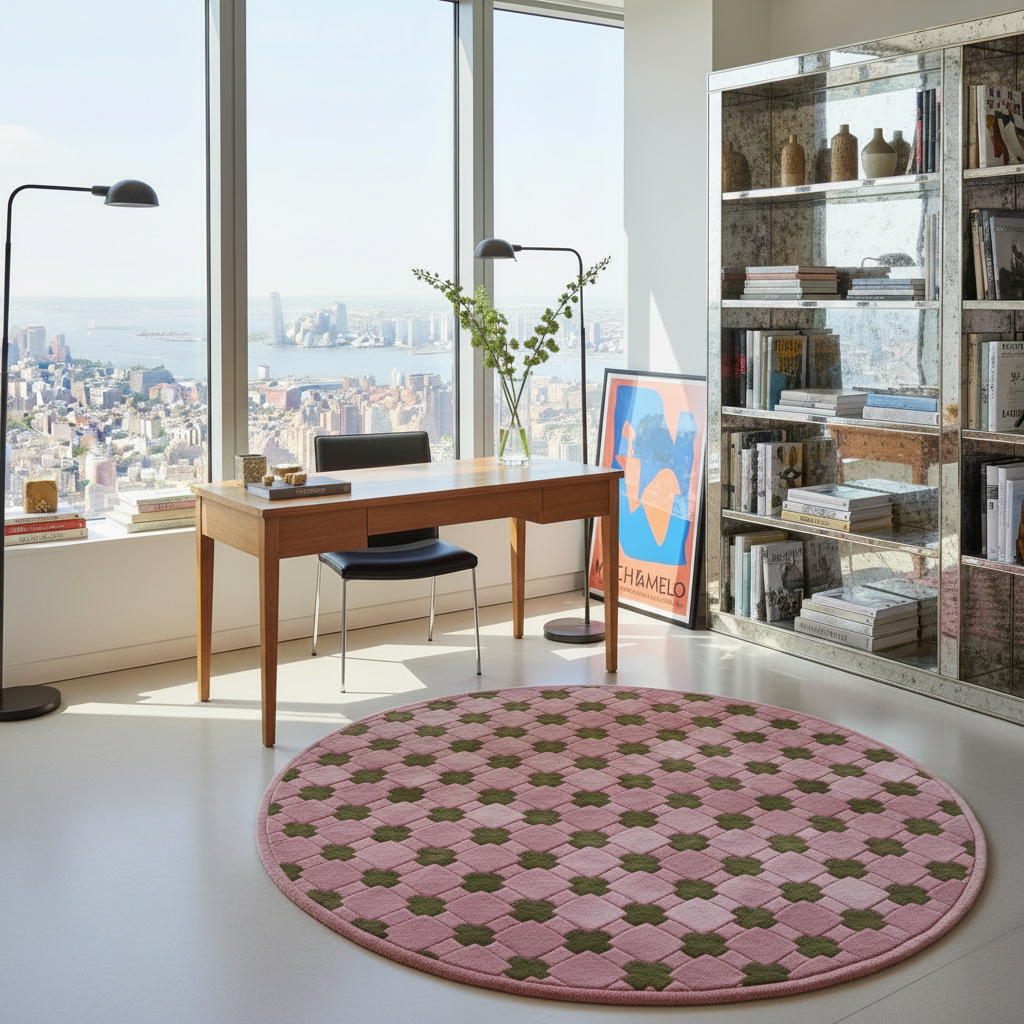 Pink Round Hand-Tufted Rug with Olive Green Cross Motifs