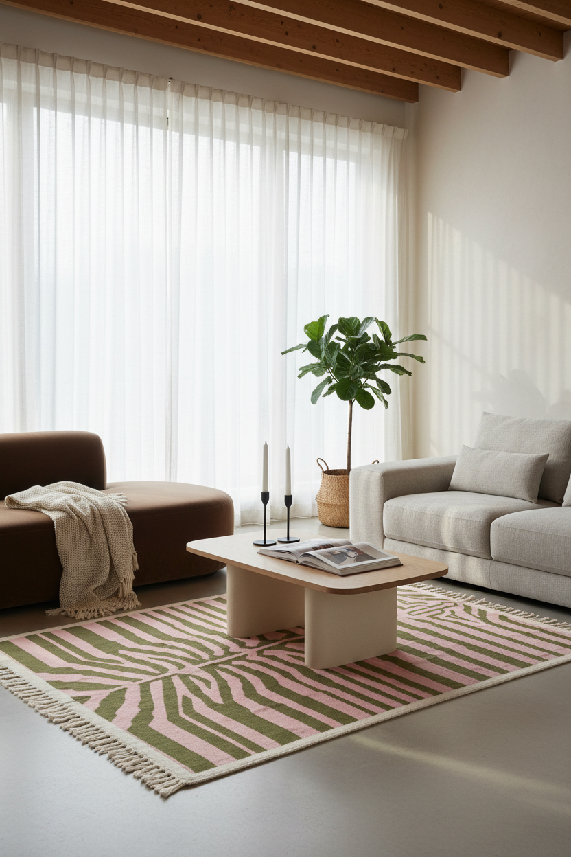 Pink and Olive Green Zebra Stripe Cotton Flat Weave Rug