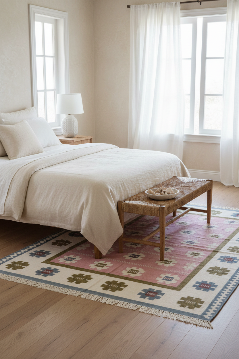 Pink Scandinavian Folk Cotton Flat Weave Rug with Cream Florals