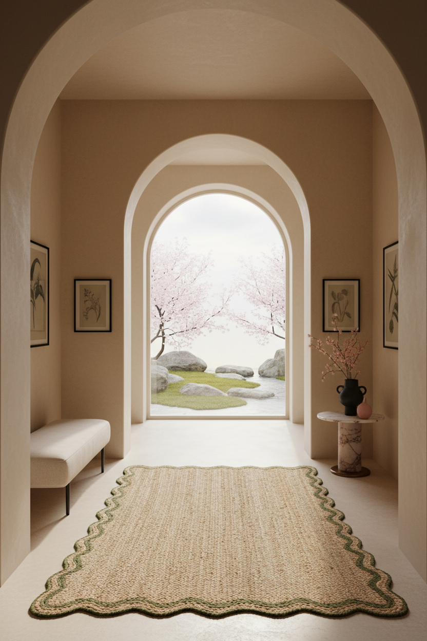 A styled interior hallway with beige walls and arches, featuring a natural woven area rug with a scalloped border in the foreground. A white bench sits on the left, a small side table with a vase is on the right, and a large arched opening in the back reveals a serene garden courtyard with pink cherry blossoms.