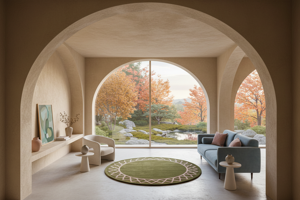A modern living room framed by large arched openings, featuring a blue sofa, white armchair, round green rug, and a garden view outside with autumn trees.