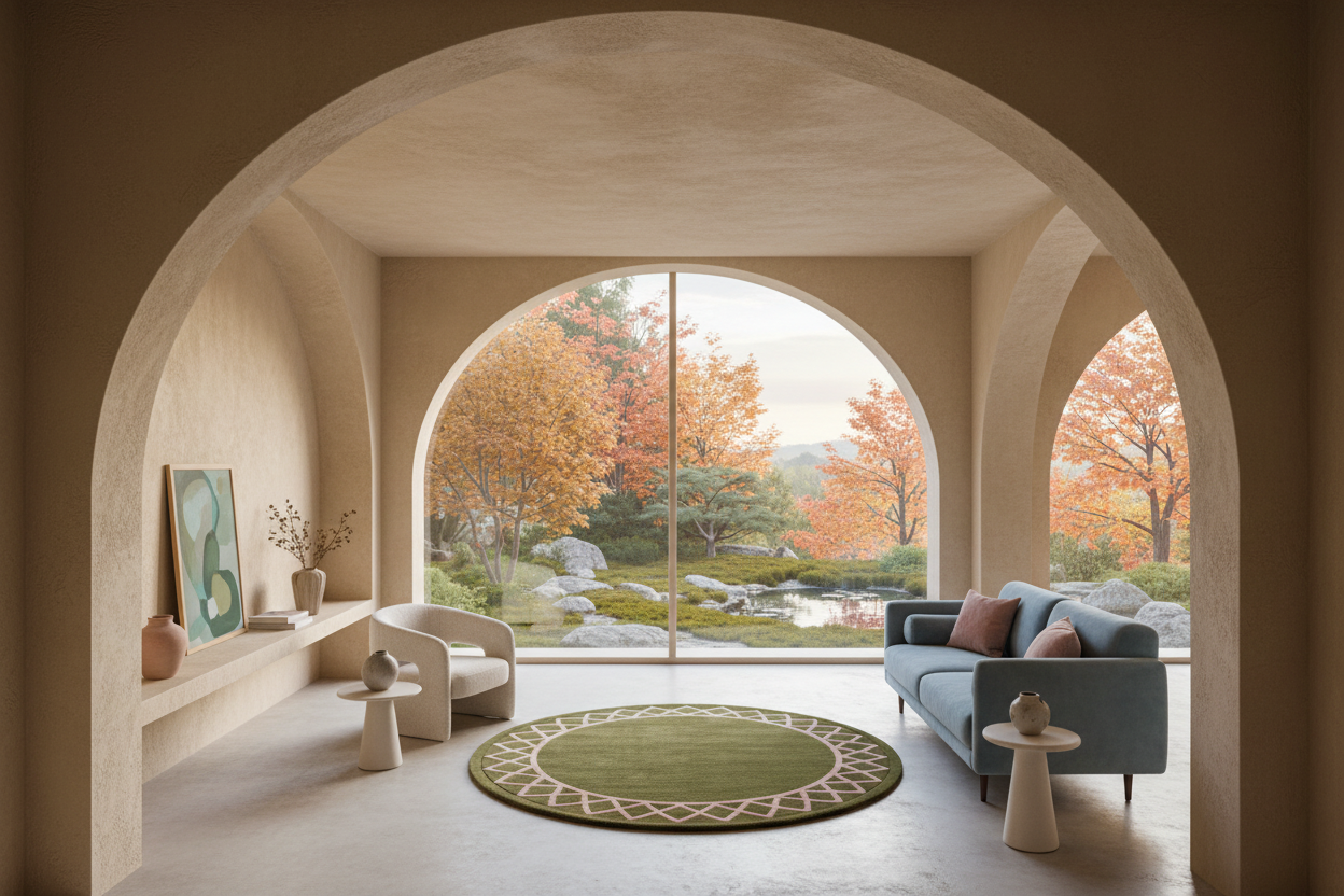 A modern living room framed by large arched openings, featuring a blue sofa, white armchair, round green rug, and a garden view outside with autumn trees.