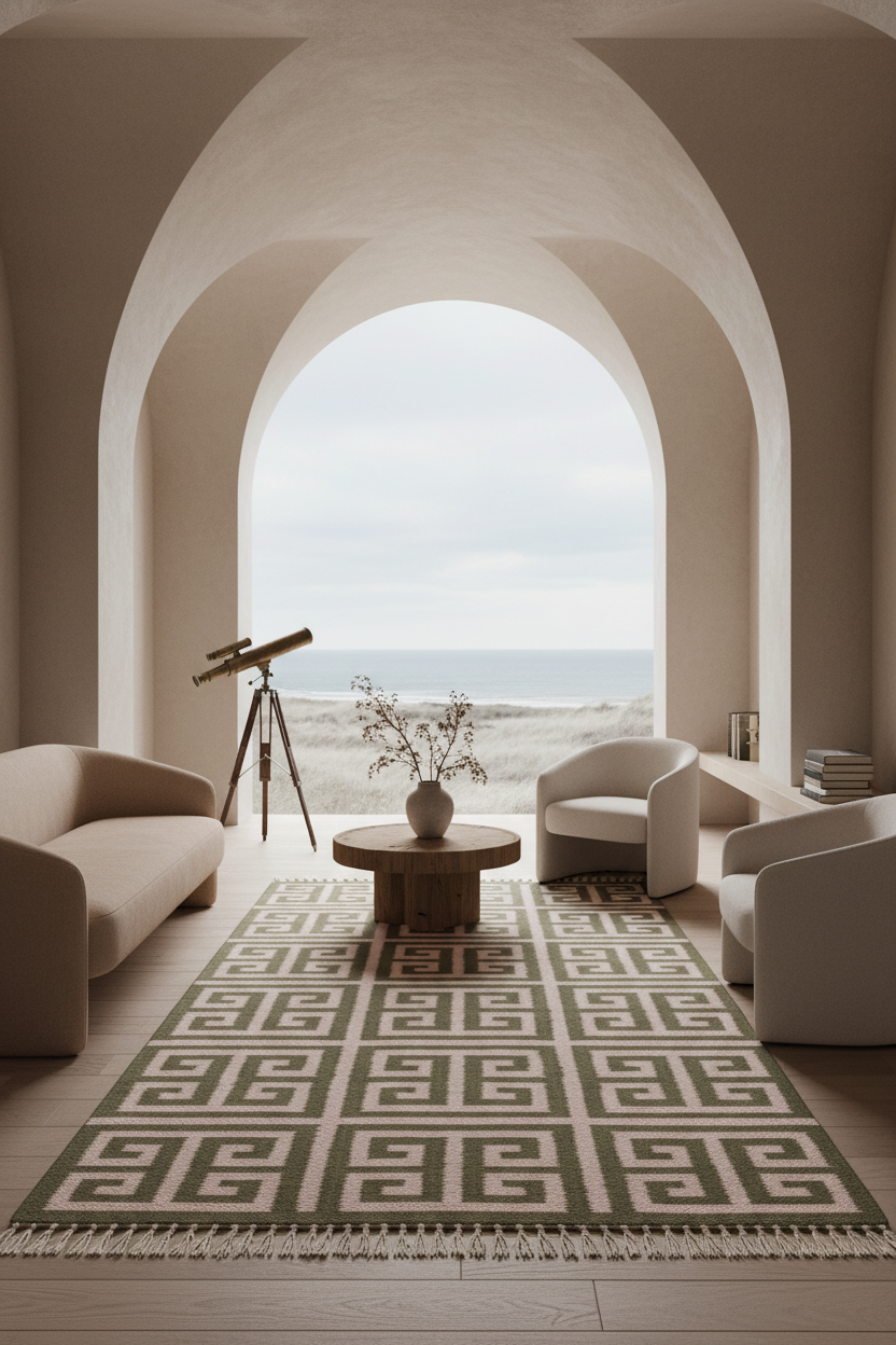 Taupe and Cream Greek Key Cotton Flat Weave Rug