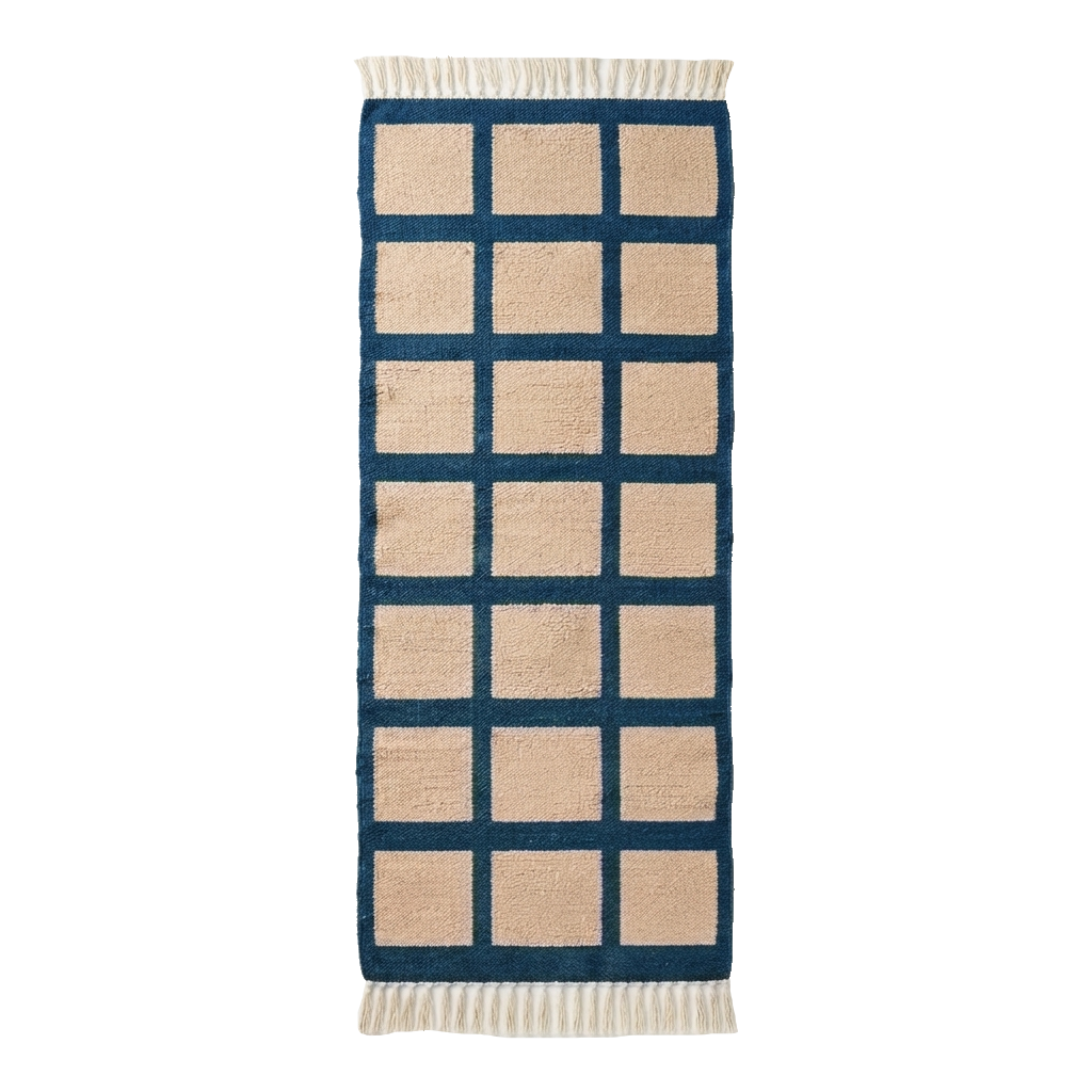 Peach Cotton Flat Weave Runner with Navy Blue Grid