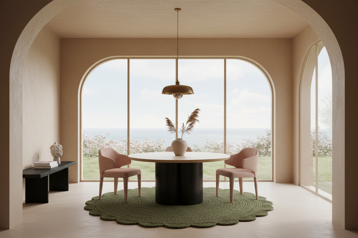 A modern dining area with a round black pedestal table, two blush pink chairs, and a scalloped green rug, set in front of a large arched window overlooking a landscape.