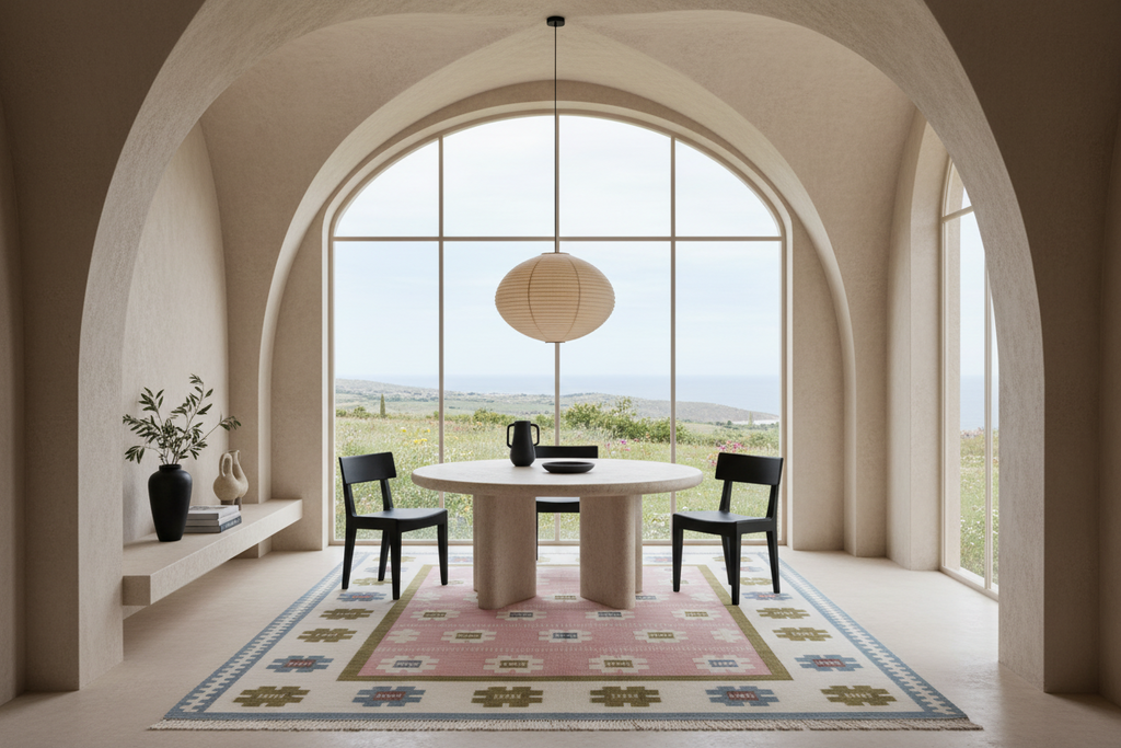 A modern dining area with a round light wood table, two black chairs, and a colorful patterned rug, set under a large arched window with a view of the landscape and sea.