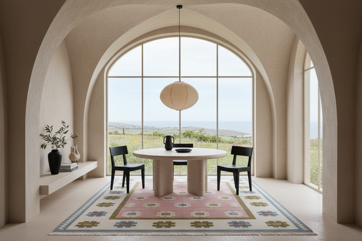 A modern dining area with a round light wood table, two black chairs, and a colorful patterned rug, set under a large arched window with a view of the landscape and sea.