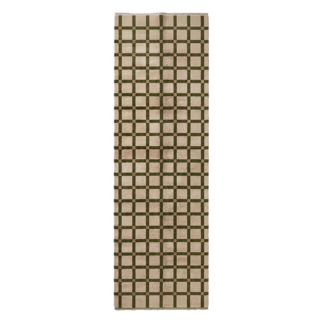 Olive and Brown Checkered Grid Hand-Knotted Runner