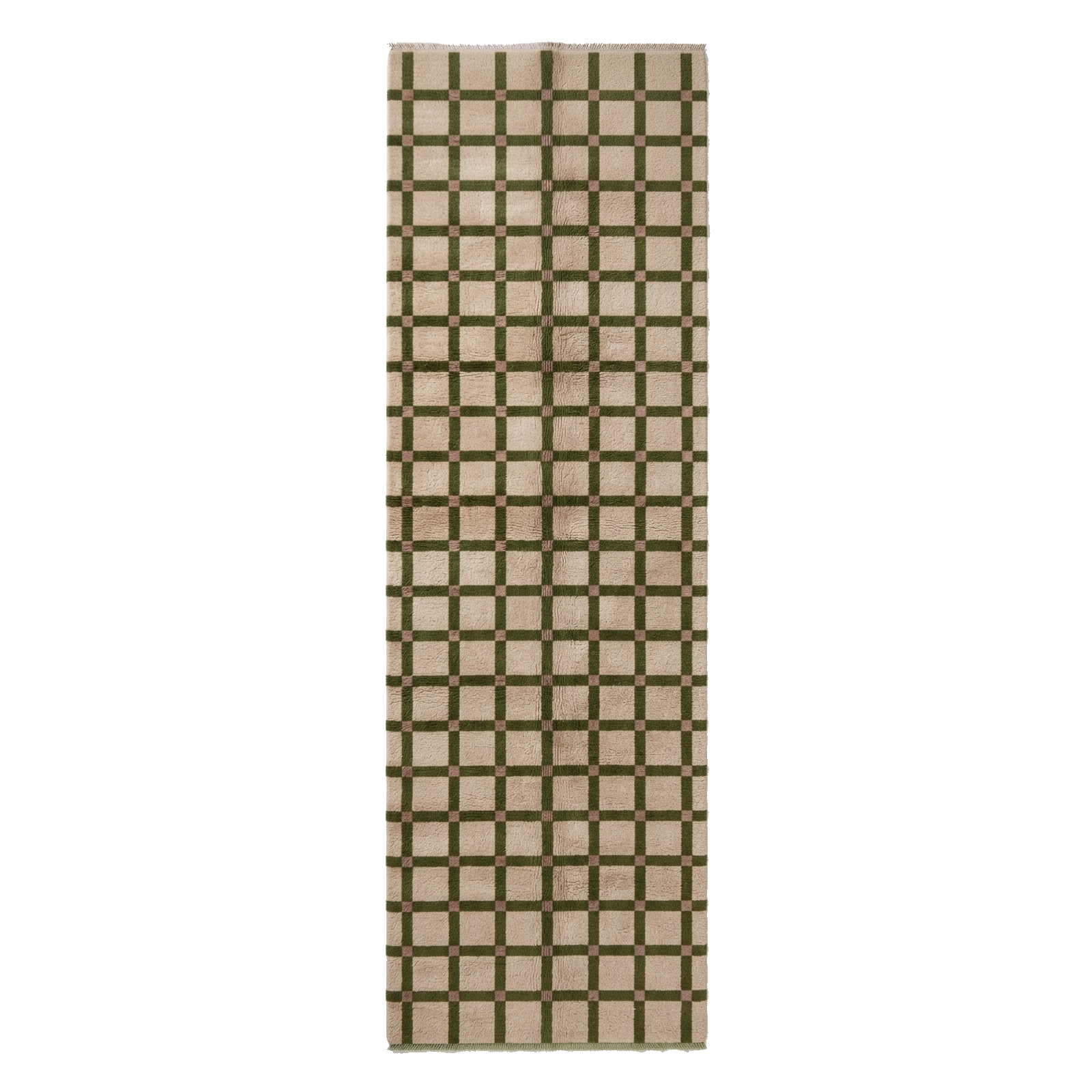 Olive and Brown Checkered Grid Hand-Knotted Runner