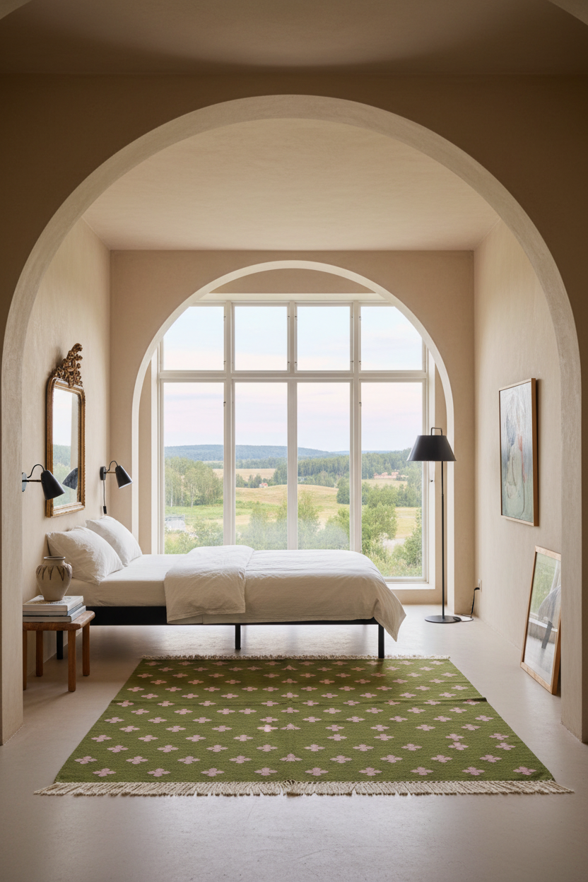 A styled bedroom interior with a large bed, arched windows, and a green patterned rug on a light floor. The room is framed by a large archway, with a landscape visible outside the windows.