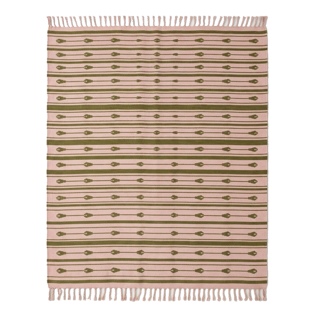 Pink and Cream Striped Cotton Flat Weave Rug with Geometric Motifs