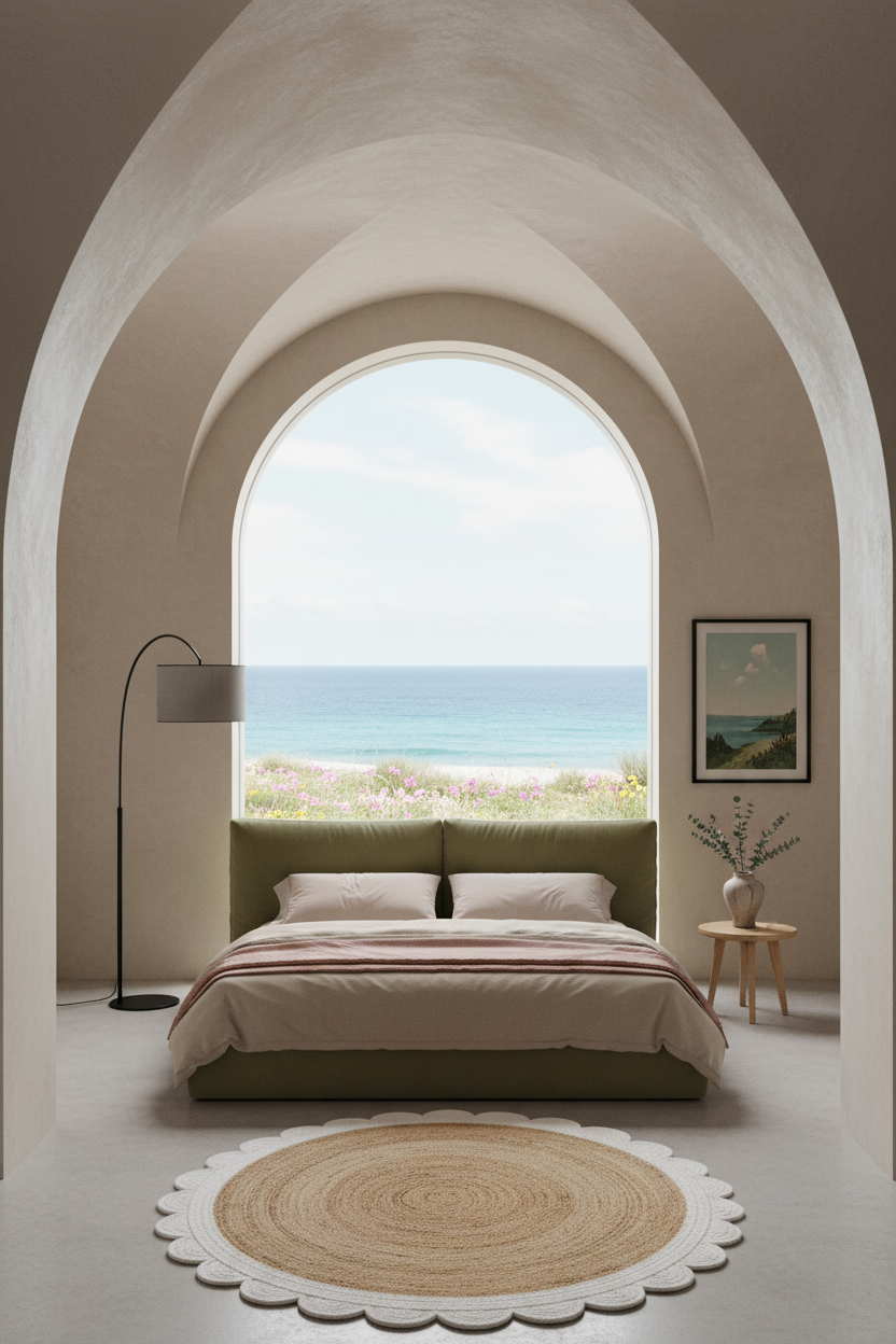 A beautifully styled bedroom framed by a large arched window looking out to the ocean. The room features a low-profile bed with sage green bedding, a scalloped round jute rug, a black floor lamp, and a small wooden side table with a vase.